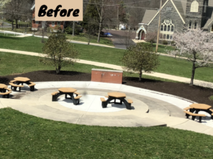 Picnic tables at Schwenksville Elementary before the Outdoor Classroom