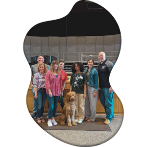 Ken and his care team (L-R: Bill Montgomery (handler), Deb Lesh (secondary caretaker and handler), Carla Zielinski, Andrea Nehila (handler), Ava Bellino, Jen Moylan (main caretaker), and Christian Specht (handler))